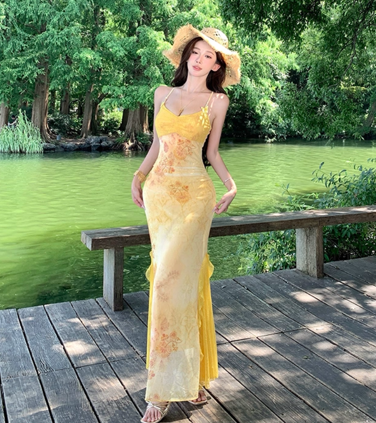 Summer Vacation Floral Print Bodycon Mermaid Dress Spaghetti Strap Photo Ready Long Dress AP0423