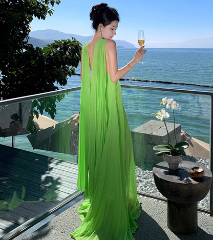 Flowy Fabric Lightweight Photo Outfit Sundress Double Layers Draped Halter Long Dress AP0424