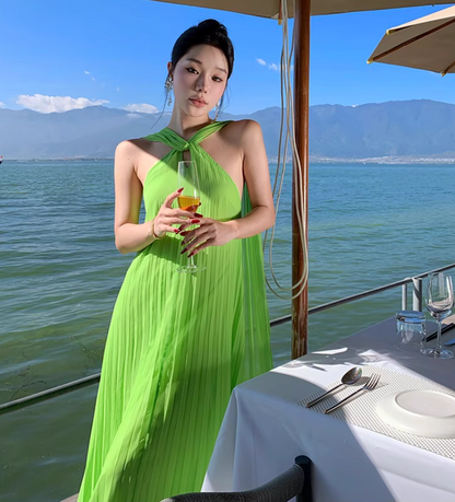 Flowy Fabric Lightweight Photo Outfit Sundress Double Layers Draped Halter Long Dress AP0424