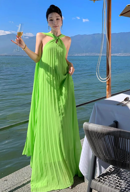 Flowy Fabric Lightweight Photo Outfit Sundress Double Layers Draped Halter Long Dress AP0424