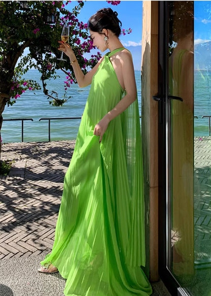 Flowy Fabric Lightweight Photo Outfit Sundress Double Layers Draped Halter Long Dress AP0424