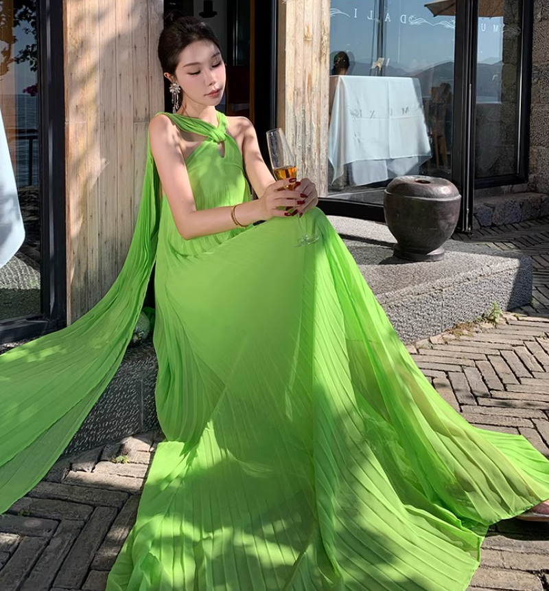 Flowy Fabric Lightweight Photo Outfit Sundress Double Layers Draped Halter Long Dress AP0424