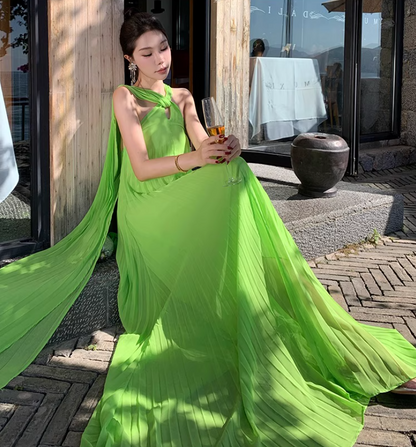 Flowy Fabric Lightweight Photo Outfit Sundress Double Layers Draped Halter Long Dress AP0424