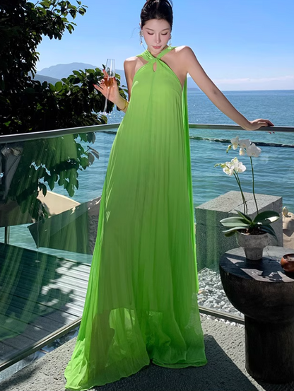 Flowy Fabric Lightweight Photo Outfit Sundress Double Layers Draped Halter Long Dress AP0424