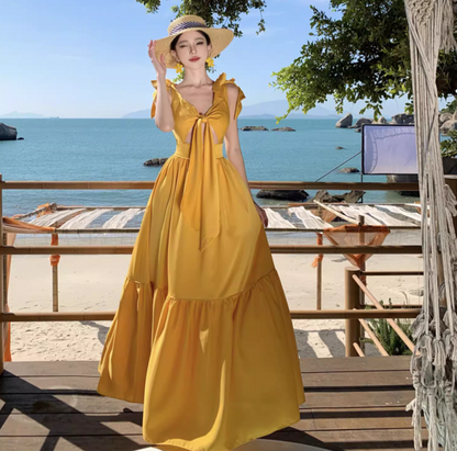 Ruffled V Neck Beach Elegant Tiered Dress Photo Outfit Flattering Vacation Long Dress AP0425