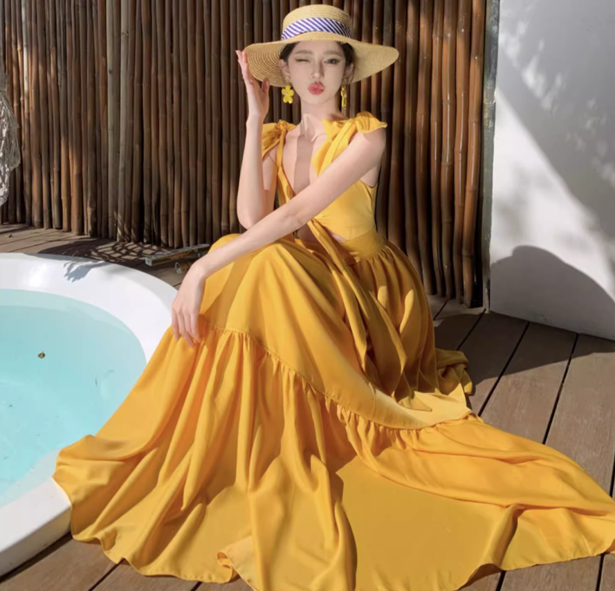 Ruffled V Neck Beach Elegant Tiered Dress Photo Outfit Flattering Vacation Long Dress AP0425