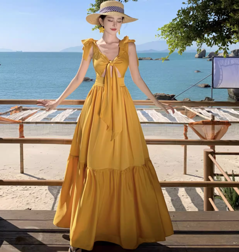 Ruffled V Neck Beach Elegant Tiered Dress Photo Outfit Flattering Vacation Long Dress AP0425