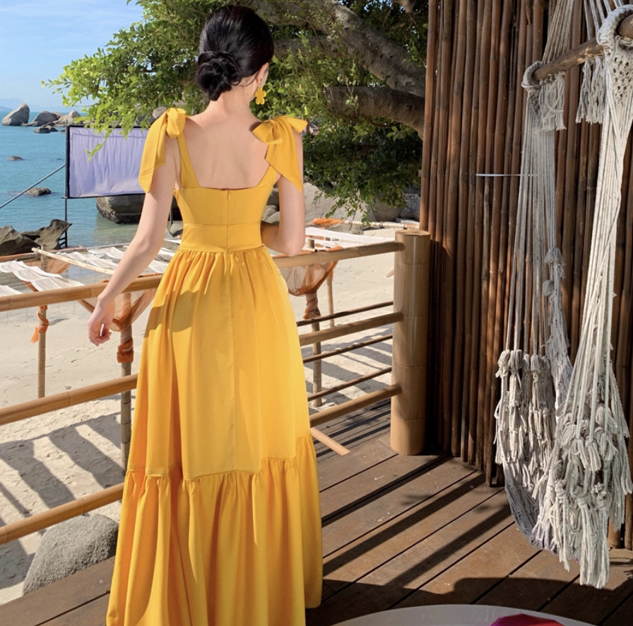 Ruffled V Neck Beach Elegant Tiered Dress Photo Outfit Flattering Vacation Long Dress AP0425