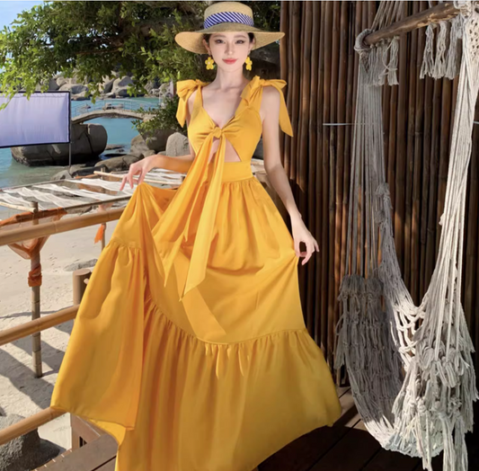 Ruffled V Neck Beach Elegant Tiered Dress Photo Outfit Flattering Vacation Long Dress AP0425