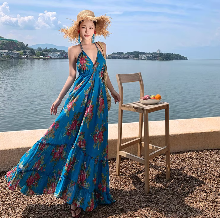 Boho Style Lightweight Flowy Vacation Midi Dress Backless Exotic V Neck Halter Long Dress AP0426