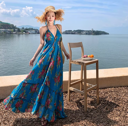 Boho Style Lightweight Flowy Vacation Midi Dress Backless Exotic V Neck Halter Long Dress AP0426