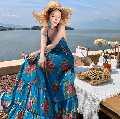 Boho Style Lightweight Flowy Vacation Midi Dress Backless Exotic V Neck Halter Long Dress AP0426