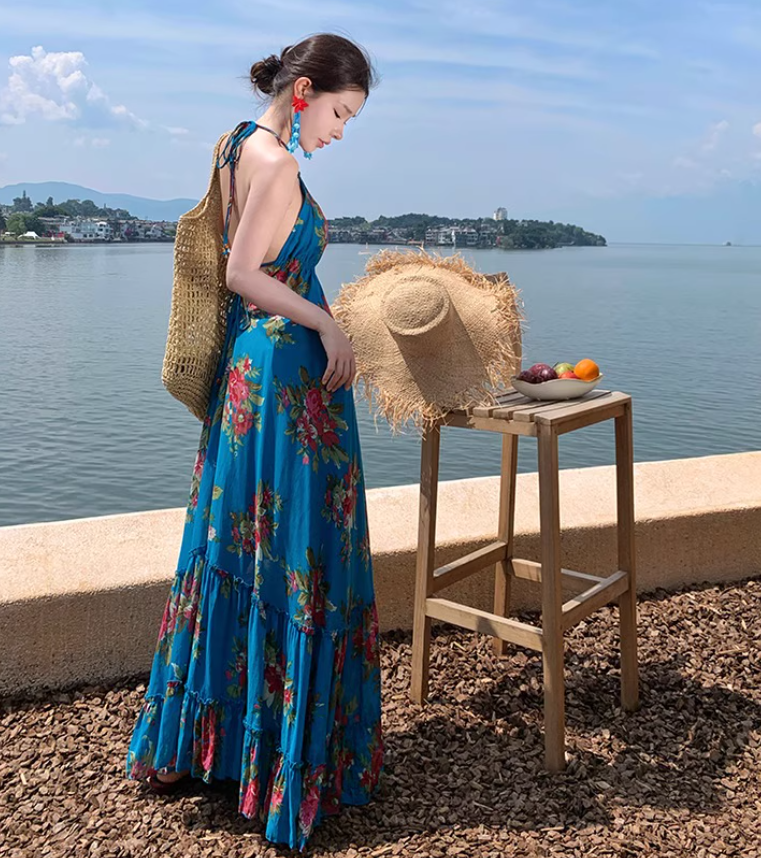 Boho Style Lightweight Flowy Vacation Midi Dress Backless Exotic V Neck Halter Long Dress AP0426