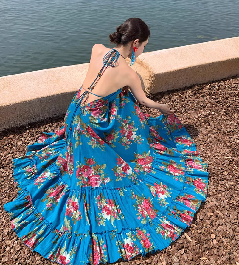 Boho Style Lightweight Flowy Vacation Midi Dress Backless Exotic V Neck Halter Long Dress AP0426