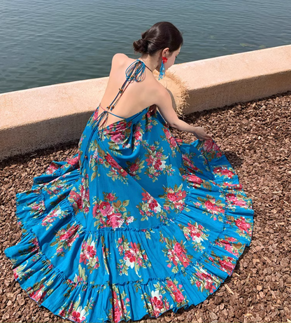 Boho Style Lightweight Flowy Vacation Midi Dress Backless Exotic V Neck Halter Long Dress AP0426