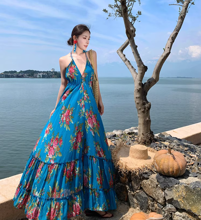 Boho Style Lightweight Flowy Vacation Midi Dress Backless Exotic V Neck Halter Long Dress AP0426