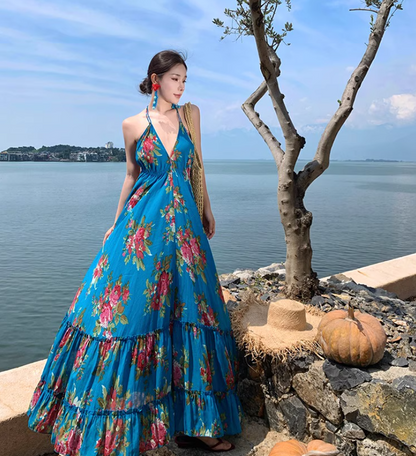 Boho Style Lightweight Flowy Vacation Midi Dress Backless Exotic V Neck Halter Long Dress AP0426