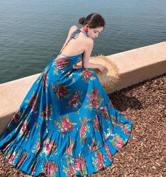 Boho Style Lightweight Flowy Vacation Midi Dress Backless Exotic V Neck Halter Long Dress AP0426