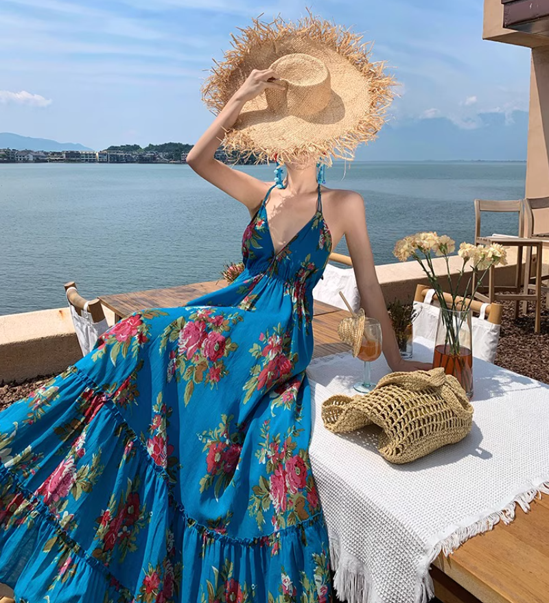 Boho Style Lightweight Flowy Vacation Midi Dress Backless Exotic V Neck Halter Long Dress AP0426