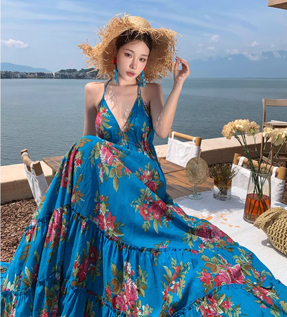 Boho Style Lightweight Flowy Vacation Midi Dress Backless Exotic V Neck Halter Long Dress AP0426