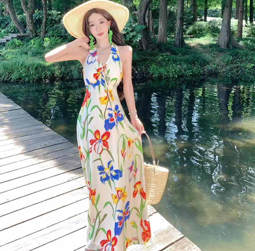 Tropical Style Lightweight Flowy Vacation Midi Dress Floral Print Halter Long Dress AP0427