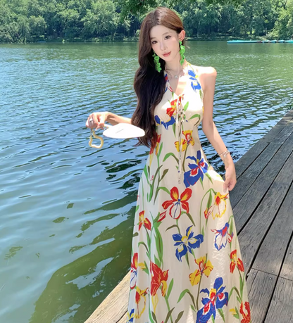 Tropical Style Lightweight Flowy Vacation Midi Dress Floral Print Halter Long Dress AP0427