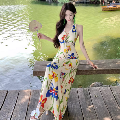 Tropical Style Lightweight Flowy Vacation Midi Dress Floral Print Halter Long Dress AP0427