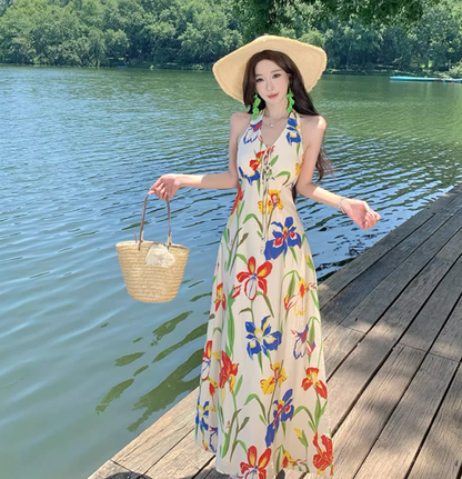 Tropical Style Lightweight Flowy Vacation Midi Dress Floral Print Halter Long Dress AP0427