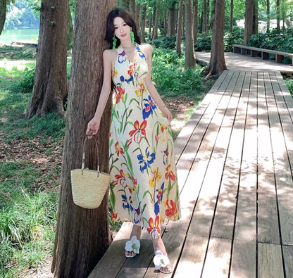 Tropical Style Lightweight Flowy Vacation Midi Dress Floral Print Halter Long Dress AP0427