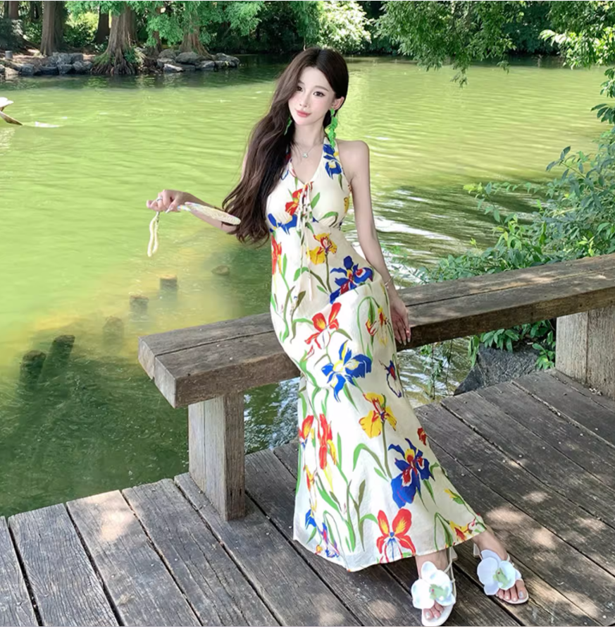Tropical Style Lightweight Flowy Vacation Midi Dress Floral Print Halter Long Dress AP0427