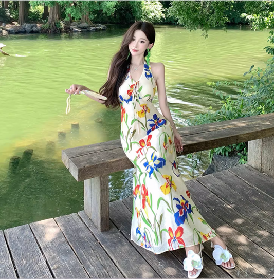 Tropical Style Lightweight Flowy Vacation Midi Dress Floral Print Halter Long Dress AP0427