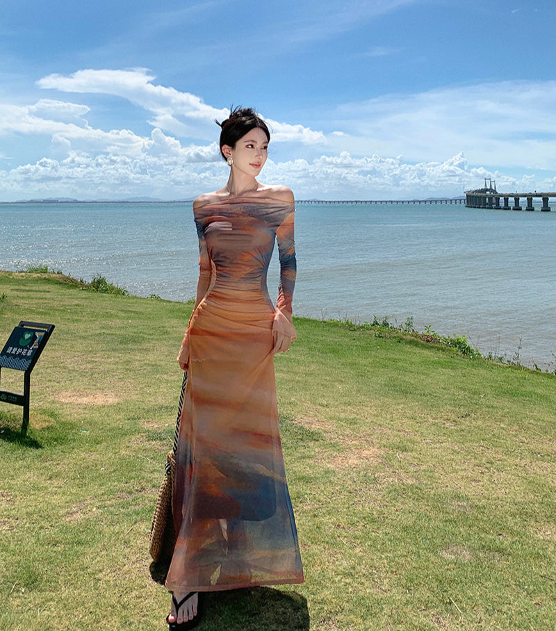 Dopamine-Inspired Long Sleeve Sheath Tie-Dye Maxi Dress Beach Vacation Off-Shoulder Long Dress AP0428