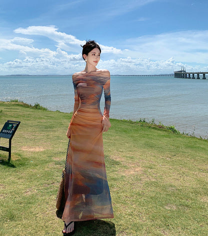 Dopamine-Inspired Long Sleeve Sheath Tie-Dye Maxi Dress Beach Vacation Off-Shoulder Long Dress AP0428