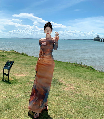 Dopamine-Inspired Long Sleeve Sheath Tie-Dye Maxi Dress Beach Vacation Off-Shoulder Long Dress AP0428