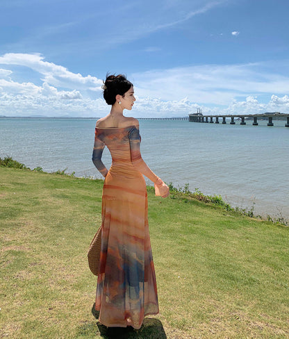 Dopamine-Inspired Long Sleeve Sheath Tie-Dye Maxi Dress Beach Vacation Off-Shoulder Long Dress AP0428