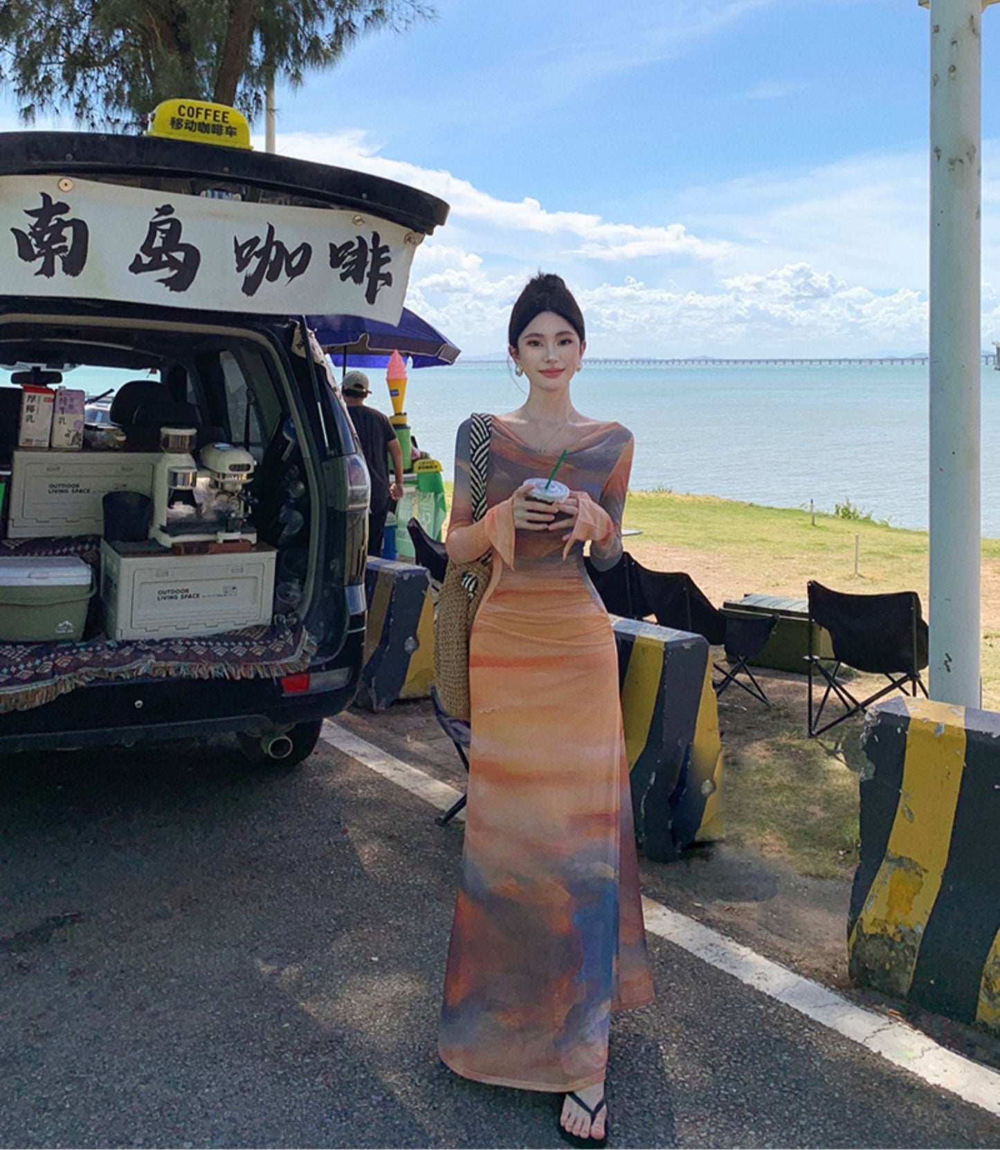 Dopamine-Inspired Long Sleeve Sheath Tie-Dye Maxi Dress Beach Vacation Off-Shoulder Long Dress AP0428