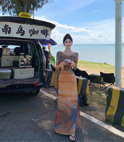 Dopamine-Inspired Long Sleeve Sheath Tie-Dye Maxi Dress Beach Vacation Off-Shoulder Long Dress AP0428