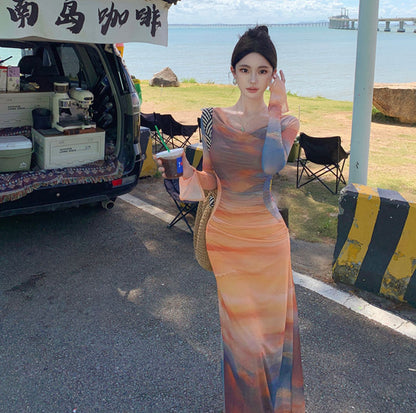 Dopamine-Inspired Long Sleeve Sheath Tie-Dye Maxi Dress Beach Vacation Off-Shoulder Long Dress AP0428