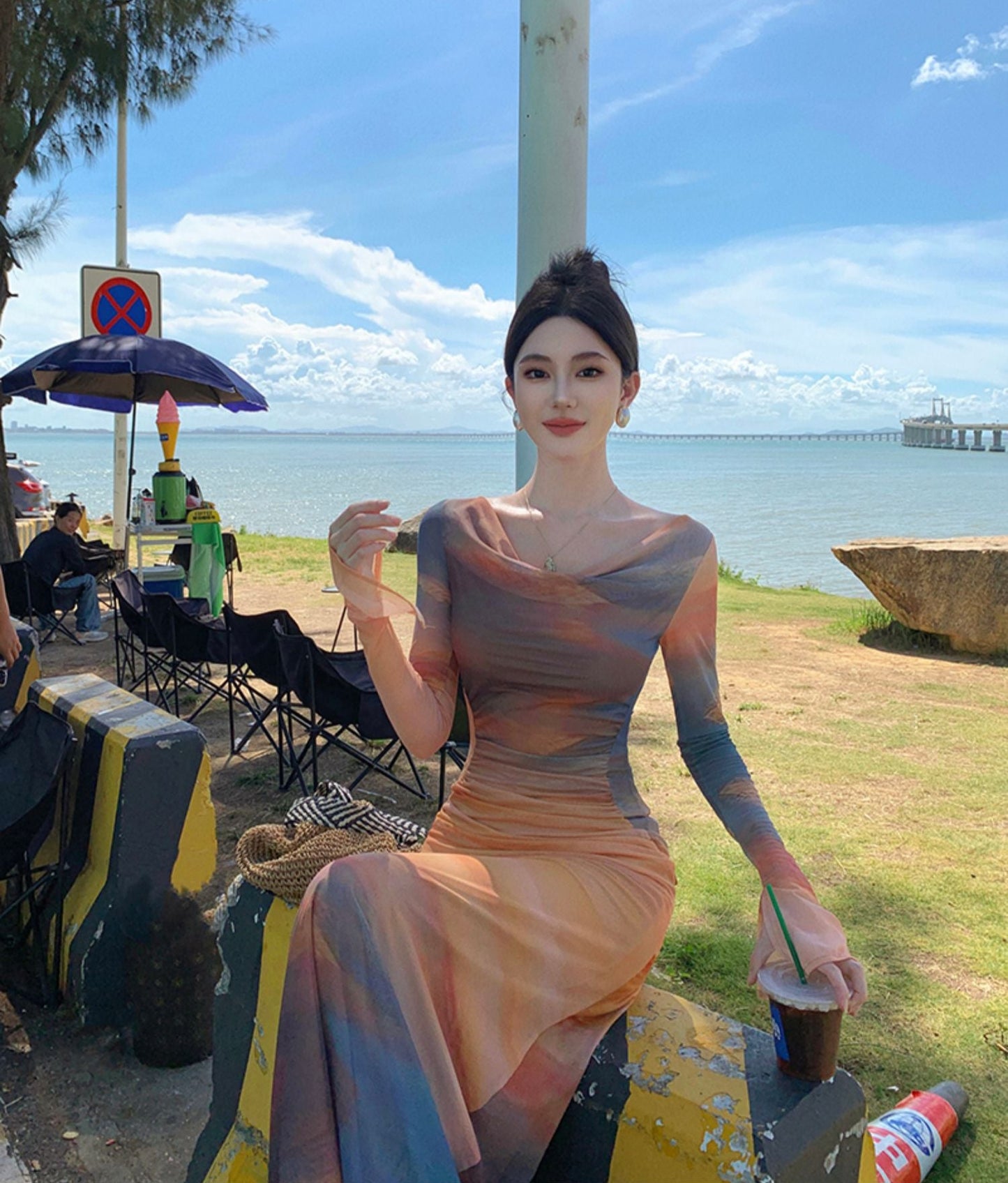 Dopamine-Inspired Long Sleeve Sheath Tie-Dye Maxi Dress Beach Vacation Off-Shoulder Long Dress AP0428