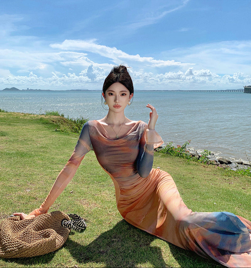 Dopamine-Inspired Long Sleeve Sheath Tie-Dye Maxi Dress Beach Vacation Off-Shoulder Long Dress AP0428