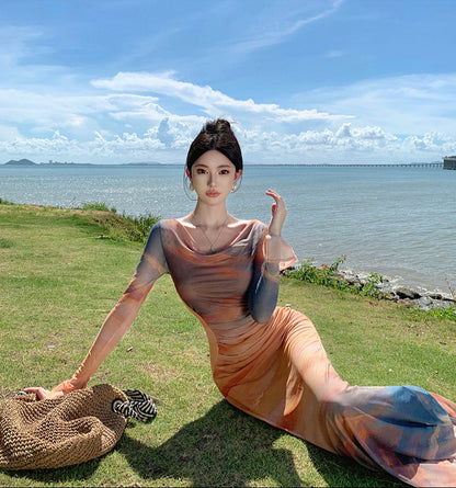 Dopamine-Inspired Long Sleeve Sheath Tie-Dye Maxi Dress Beach Vacation Off-Shoulder Long Dress AP0428