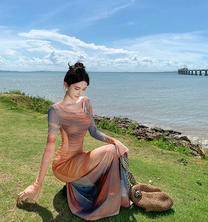 Dopamine-Inspired Long Sleeve Sheath Tie-Dye Maxi Dress Beach Vacation Off-Shoulder Long Dress AP0428