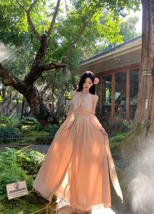 Vacation Ethereal Maxi Skirt Backless V Neck Ruffles Hem Halter Long Dress AP0429