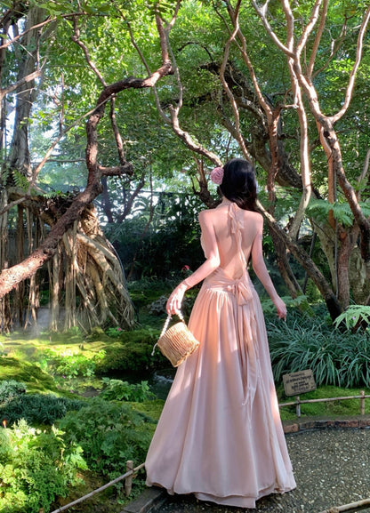 Vacation Ethereal Maxi Skirt Backless V Neck Ruffles Hem Halter Long Dress AP0429