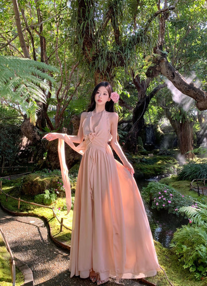 Vacation Ethereal Maxi Skirt Backless V Neck Ruffles Hem Halter Long Dress AP0429