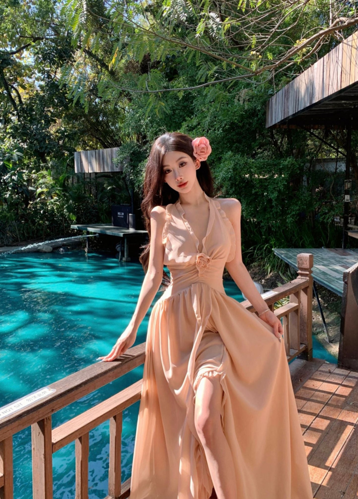 Vacation Ethereal Maxi Skirt Backless V Neck Ruffles Hem Halter Long Dress AP0429
