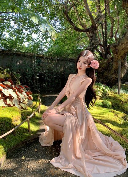 Vacation Ethereal Maxi Skirt Backless V Neck Ruffles Hem Halter Long Dress AP0429