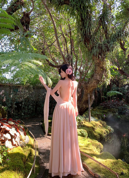 Vacation Ethereal Maxi Skirt Backless V Neck Ruffles Hem Halter Long Dress AP0429