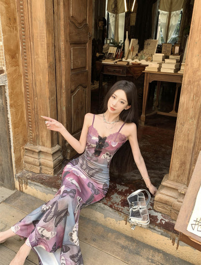 Summer Butterfly Print Stretch Mermaid Dress Spaghetti Strap Photo Ready Long Dress AP0430