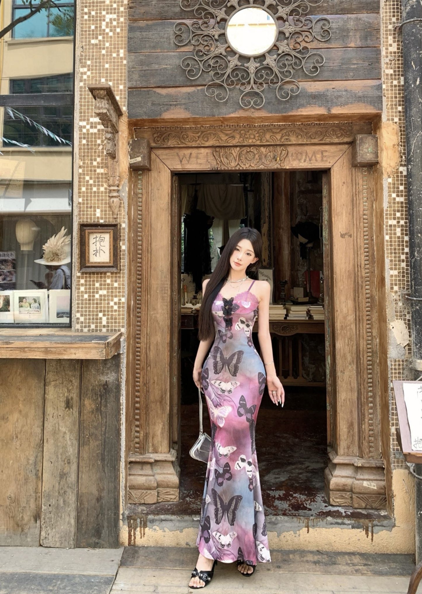 Summer Butterfly Print Stretch Mermaid Dress Spaghetti Strap Photo Ready Long Dress AP0430